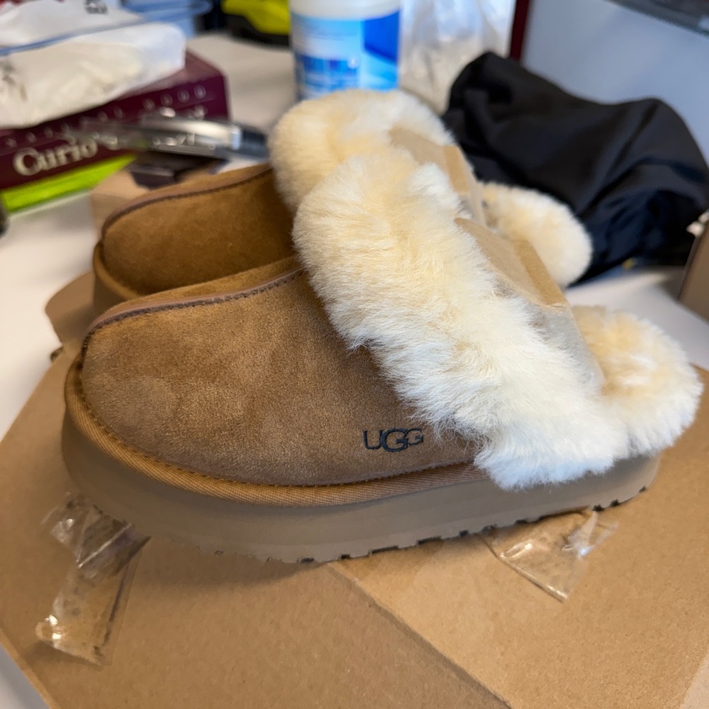 UGG Chestnut Suede Slippers with Plush White Lining